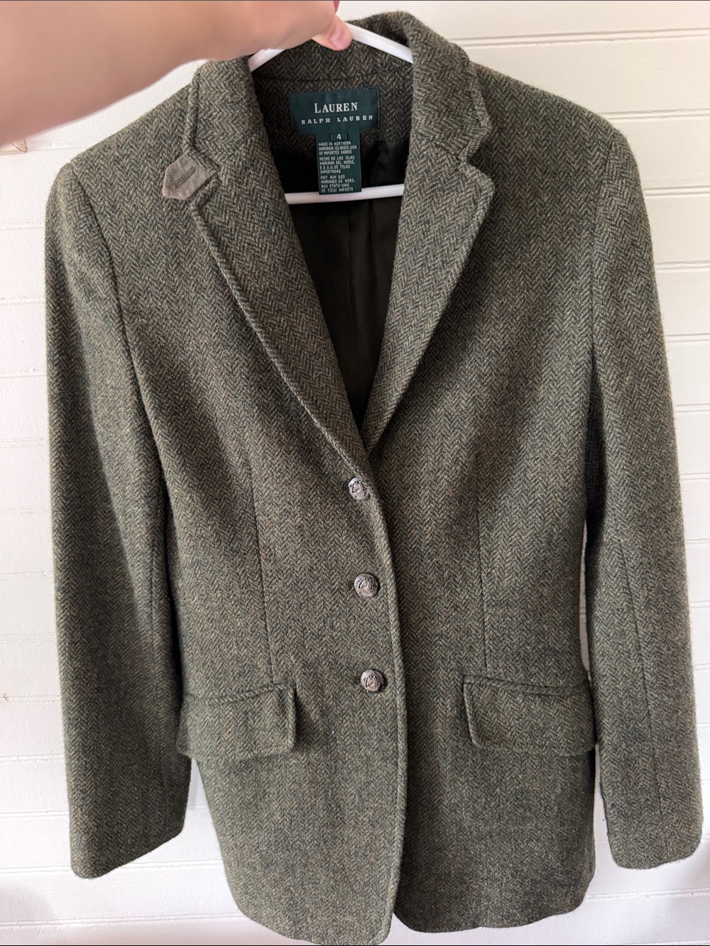 Vintage Lauren Ralph Lauren Women's Olive Herringbone Wool Blazer size 4